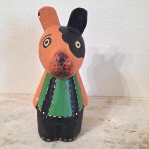 Vintage hand painted brown dog in suspenders folk art figurine